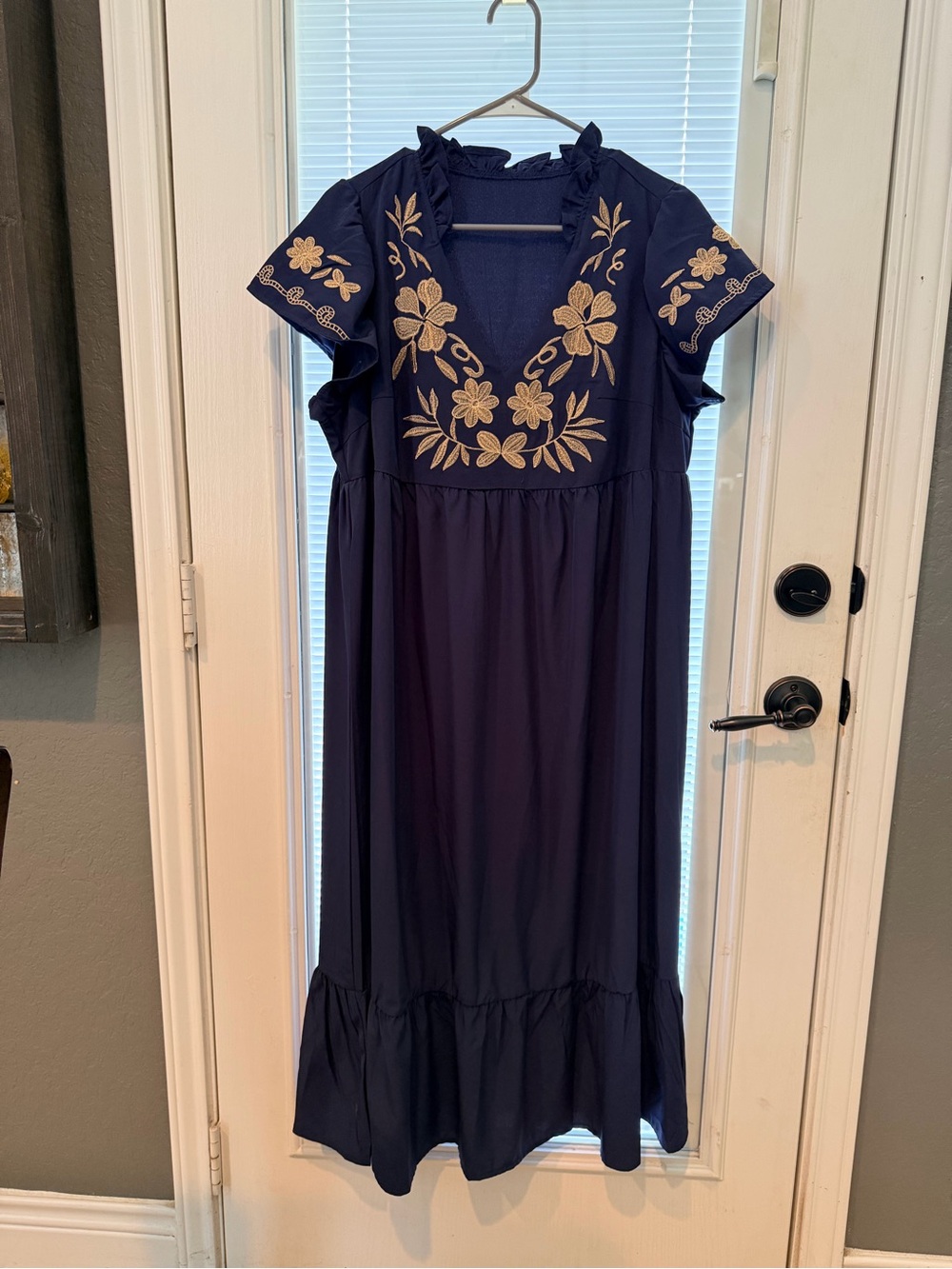 Navy Embroidered Floral Midi Dress
